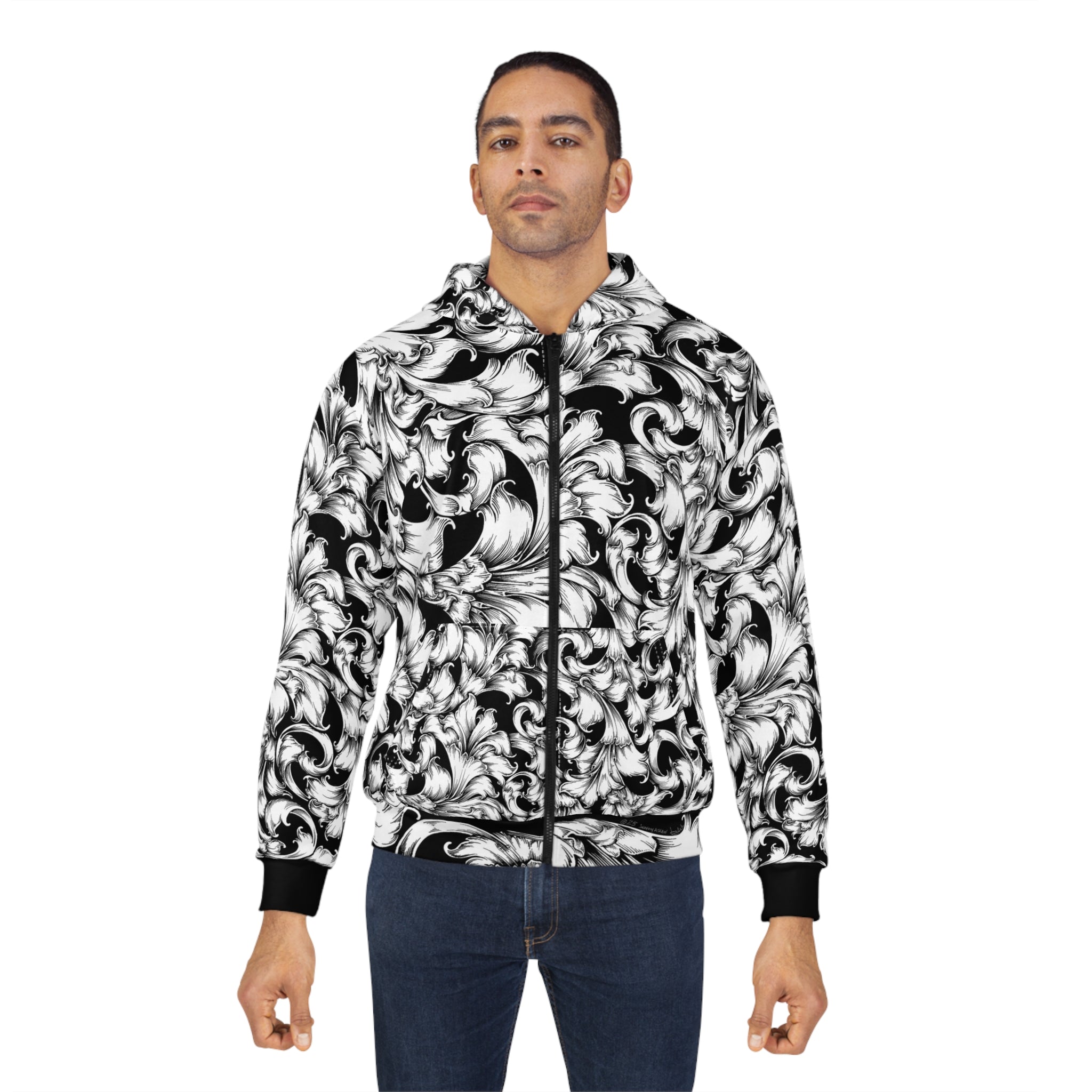 Chic Black and White Floral Zip Hoodie, Stylish Zip-Up Hoodie, Unisex Zip Hoodie, Casual Wear, Gift for Her, Fashion Hoodie