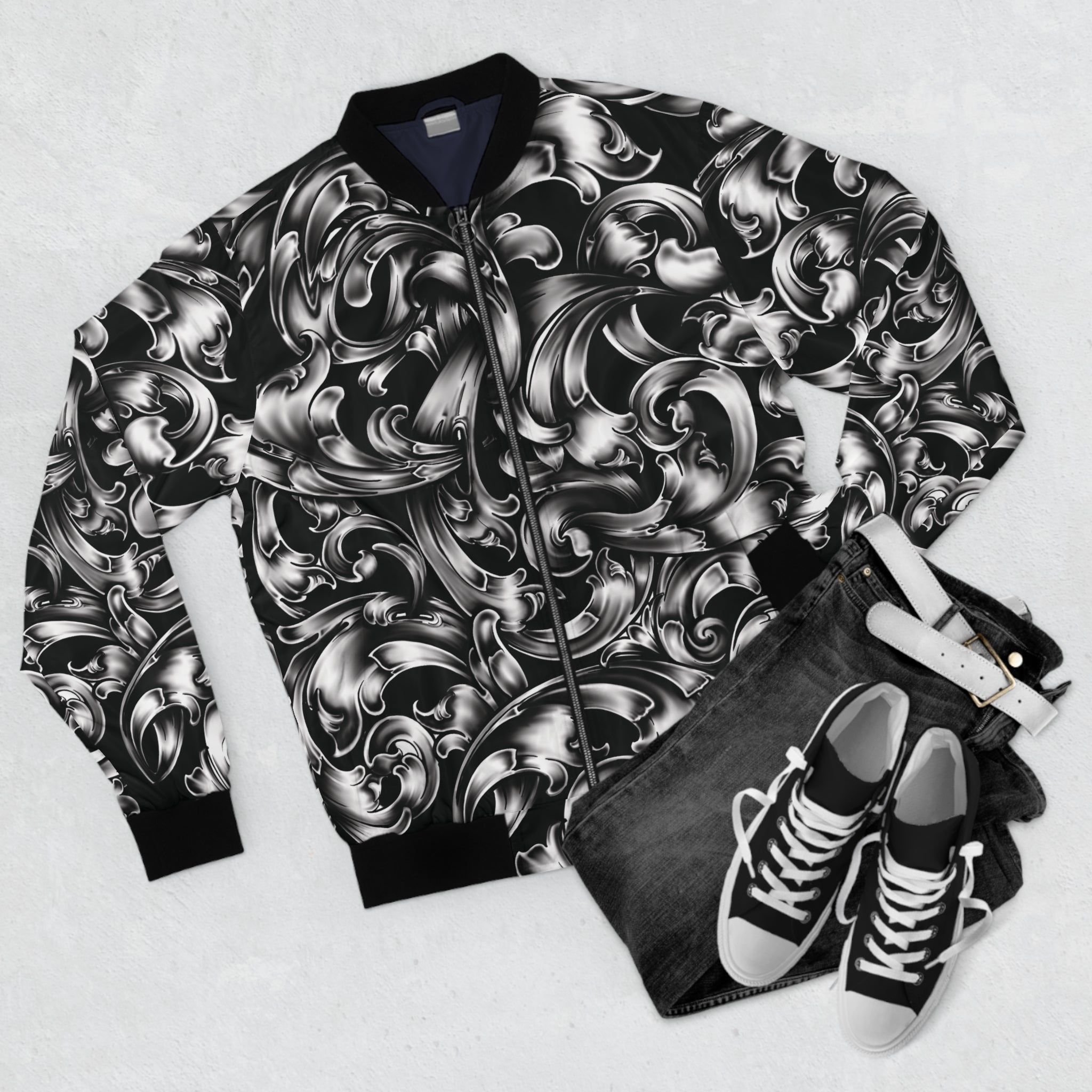 Swirling Monochrome Bomber Jacket