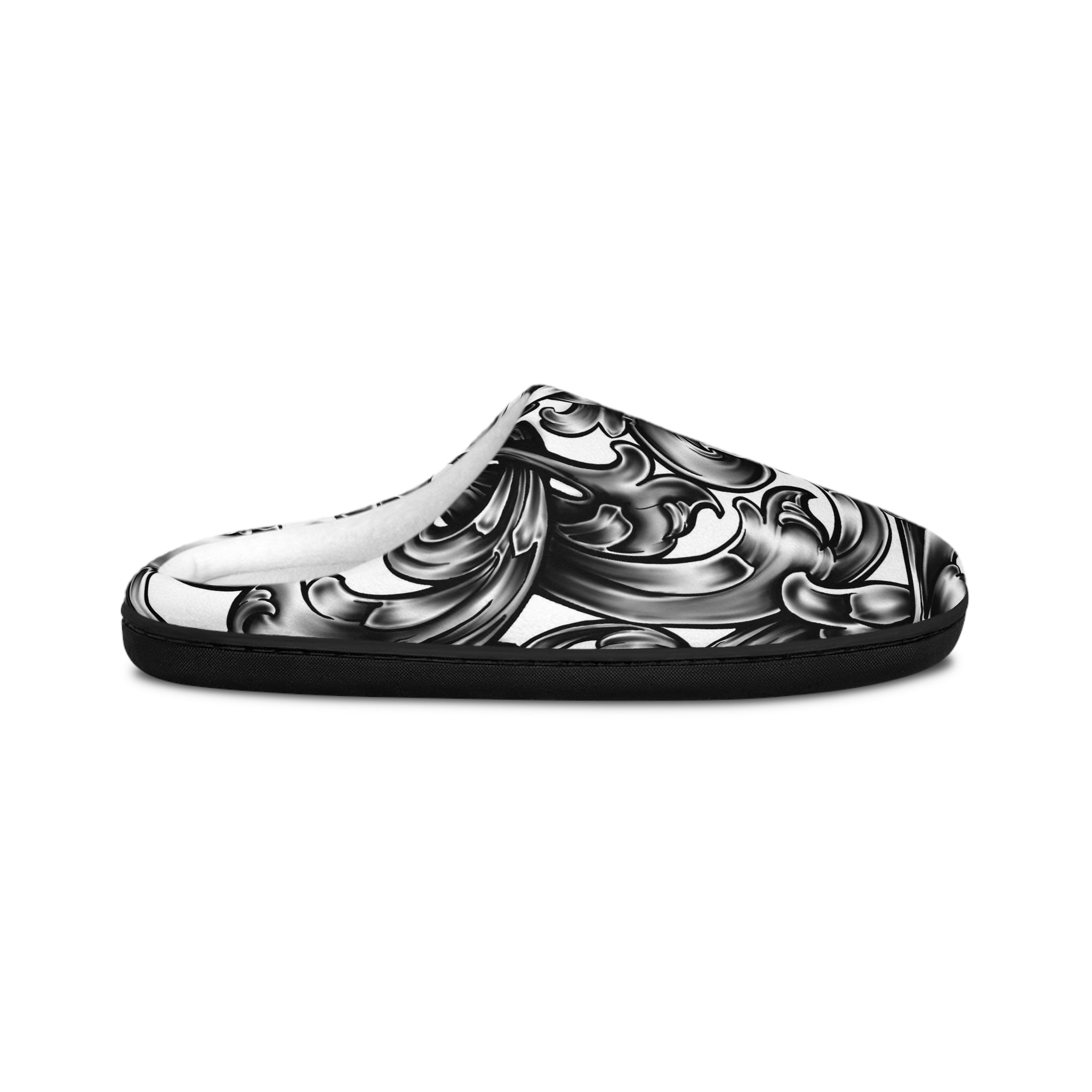 Men's Ornate Swirl Indoor Slippers — Black & White Baroque Comfort