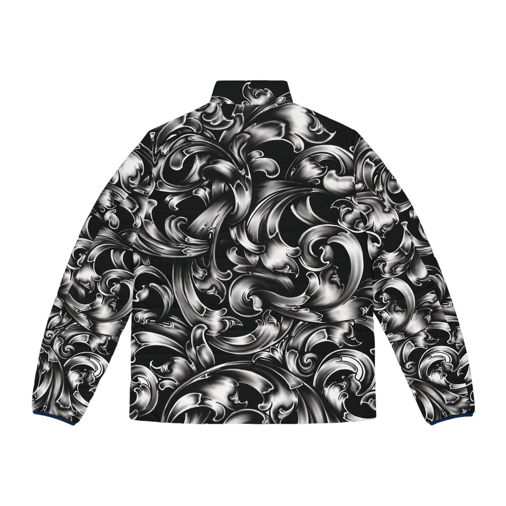 Baroque Swirl Puffer Jacket — Men's Black & Silver All-Over Print