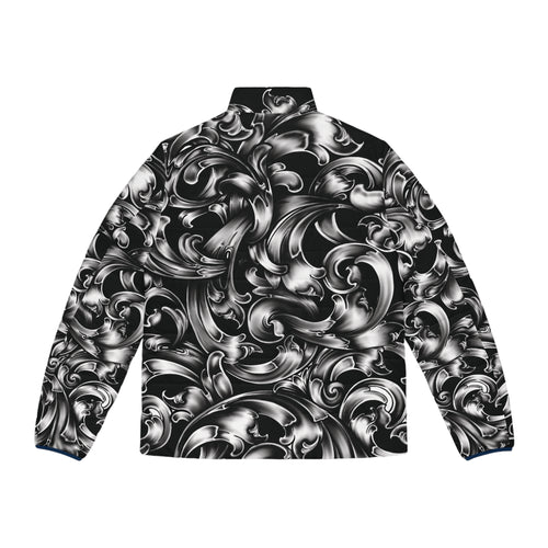 Baroque Swirl Puffer Jacket — Men's Black & Silver All-Over Print