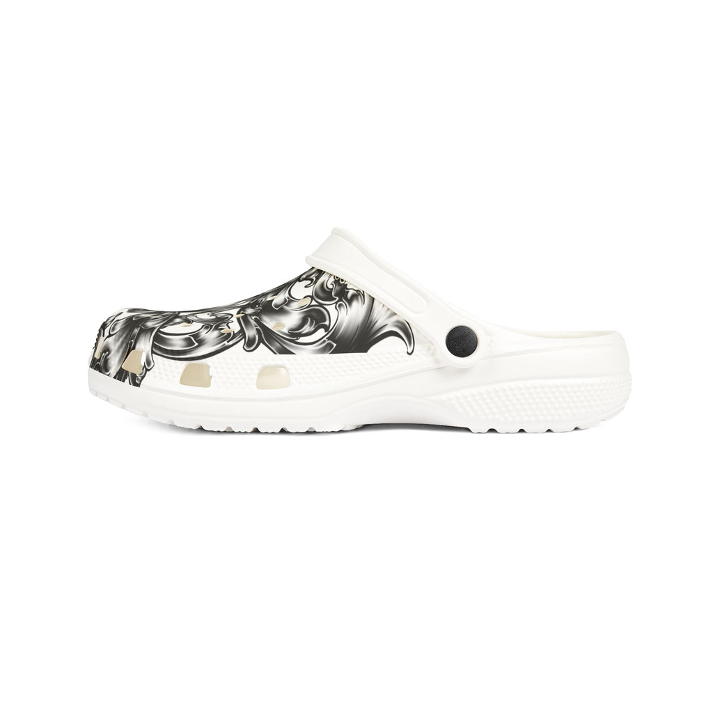 Baroque Swirl EVA Clogs — Black & White Floral Foam Slip-Ons