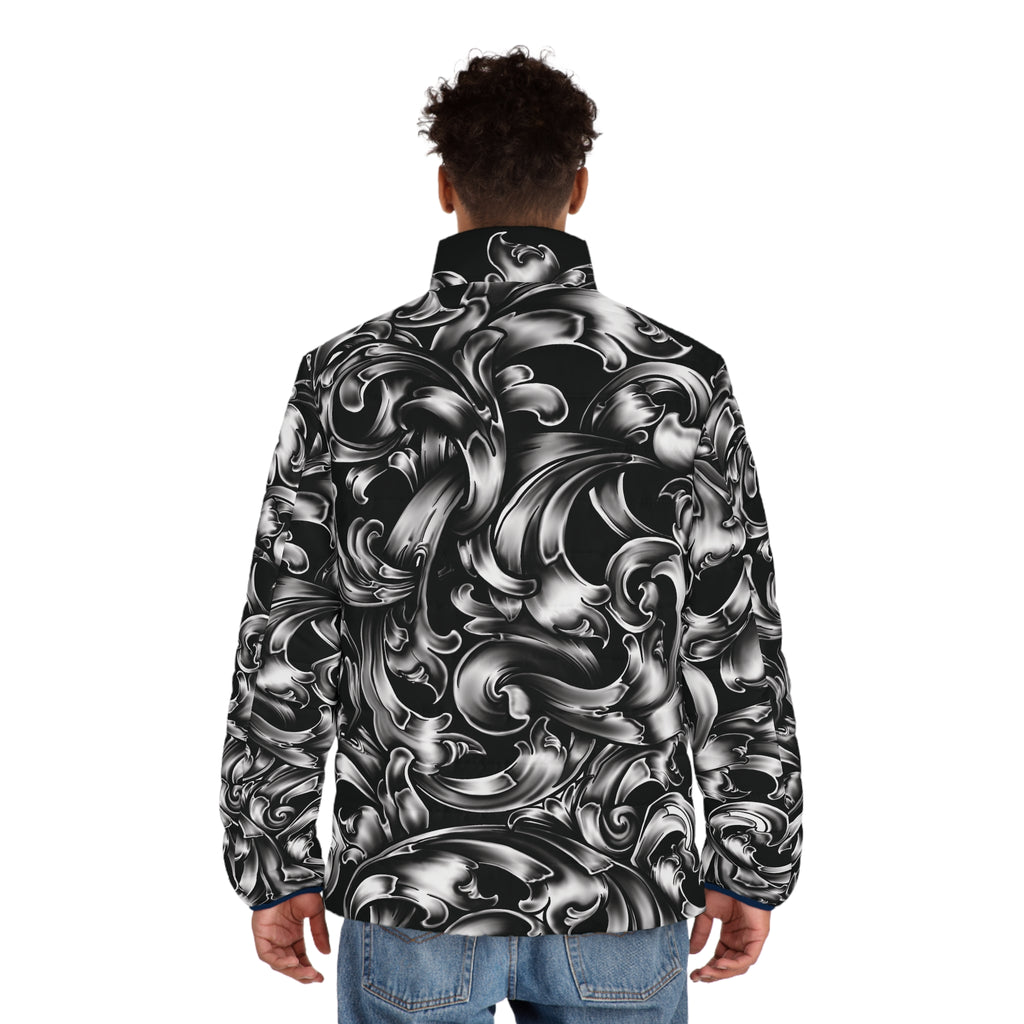 Baroque Swirl Puffer Jacket — Men's Black & Silver All-Over Print