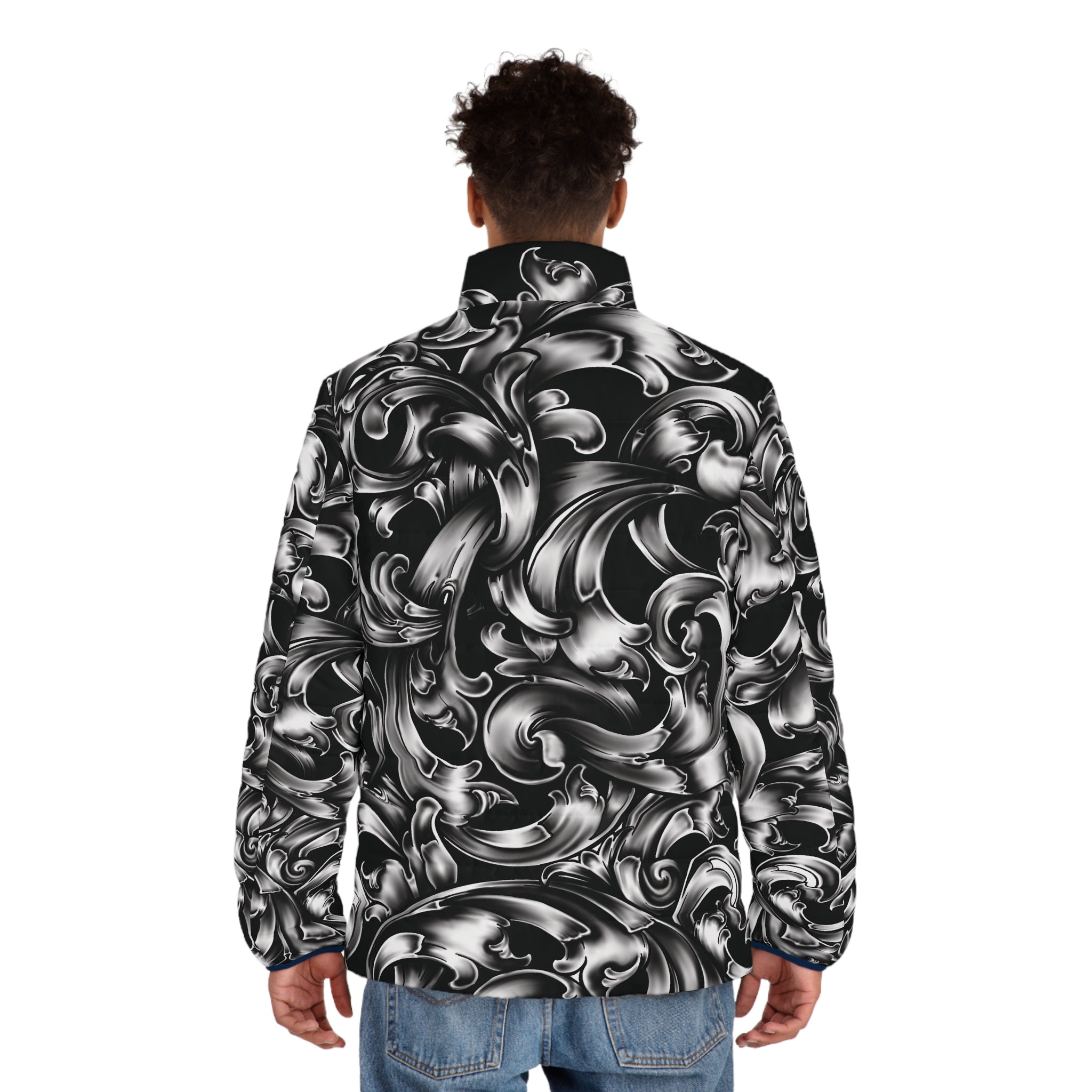 Baroque Swirl Puffer Jacket — Men's Black & Silver All-Over Print