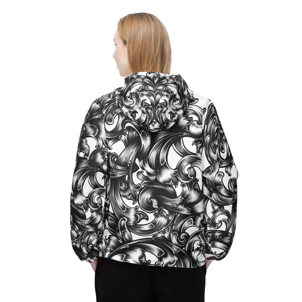 Baroque Swirl Windbreaker Jacket — Monochrome Artistic All-Over Print
