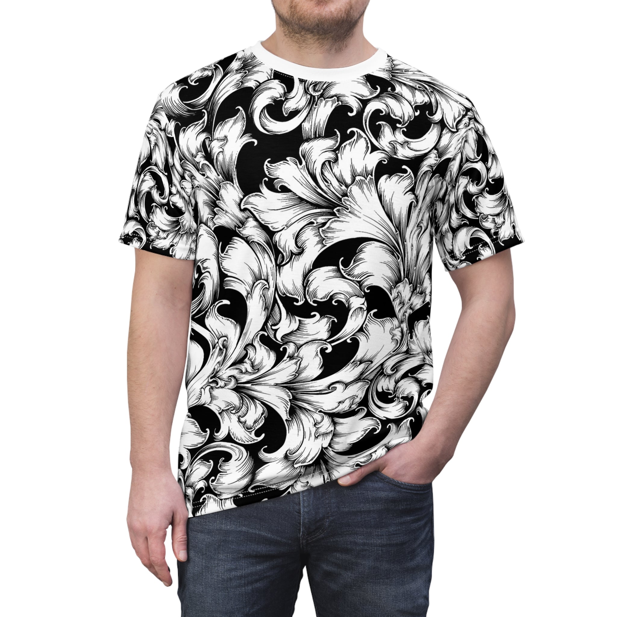 Elegant Unisex Graphic Tee, Black and White Floral Print Shirt, Trendy Casual Wear, Gift for Art Lovers, Everyday Style